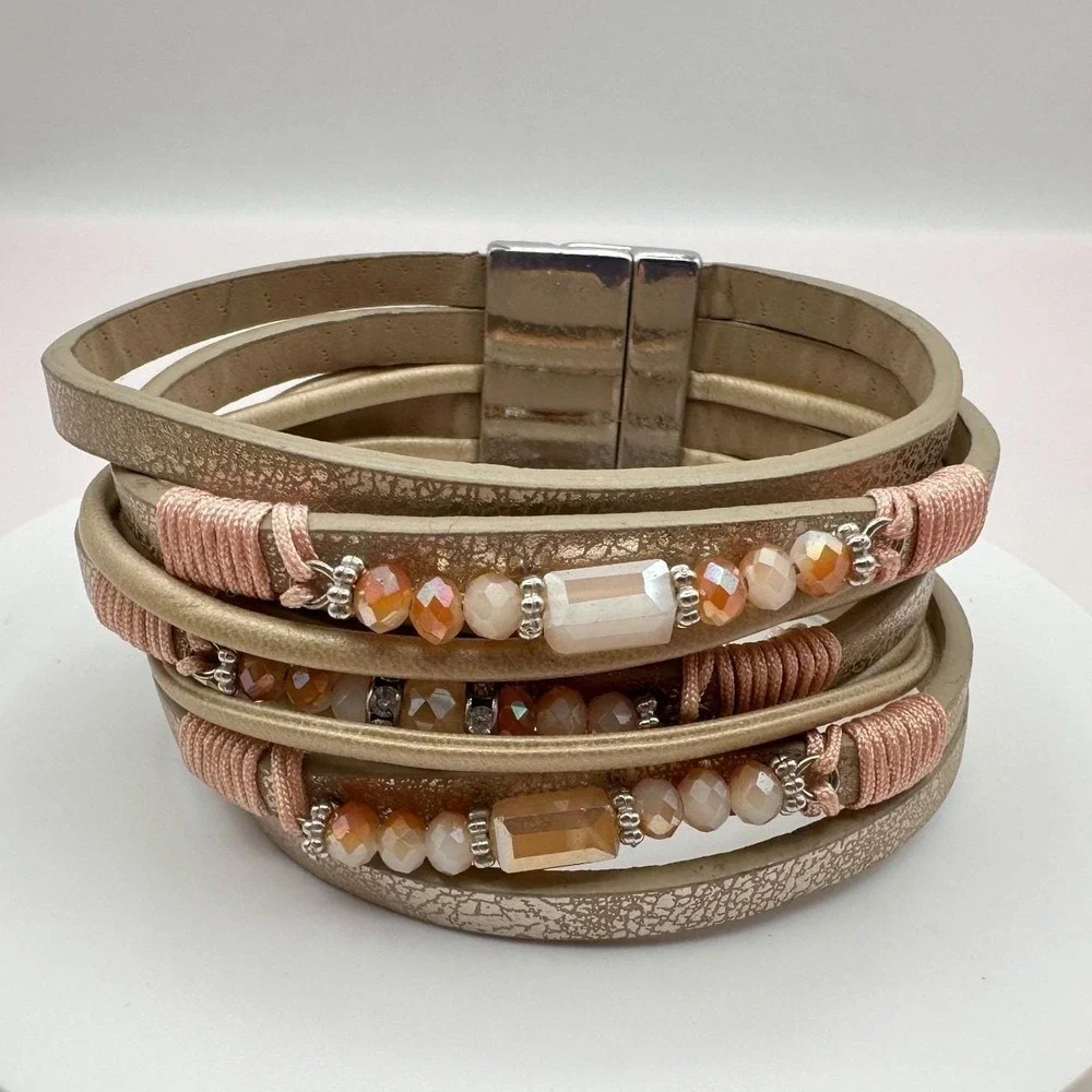 Vintage Y2K Boho Beaded Faux‎ Leather Multi Strand Cuff Bracelet Women's Jewelry